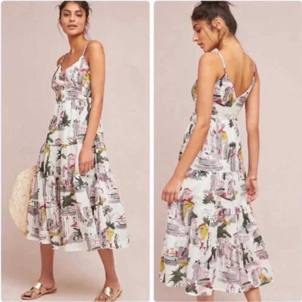 Antropologie Lazybones Cityscape Cotton Tiered Midi Dress Size Small Sundress